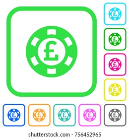 Pound casino chip vivid colored flat icons in curved borders on white background