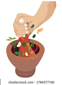 Pound chili paste with spices