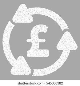 Pound Circulation grainy textured icon for overlay watermark stamps. Flat symbol with dirty texture. Dotted vector white ink rubber seal stamp with grunge design on a silver background.