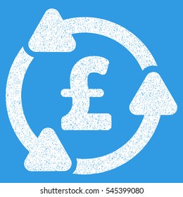 Pound Circulation grainy textured icon for overlay watermark stamps. Flat symbol with unclean texture. Dotted vector white ink rubber seal stamp with grunge design on a blue background.