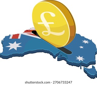 Eine Pfund-Münze, die in einen Schlitz auf der Australienkarte eingeführt wird (Flaggenfarben). Konzept für ausländische Investitionen, Finanzierungen oder Wirtschaftshilfe in Ozeanien. (ausgeschnitten)