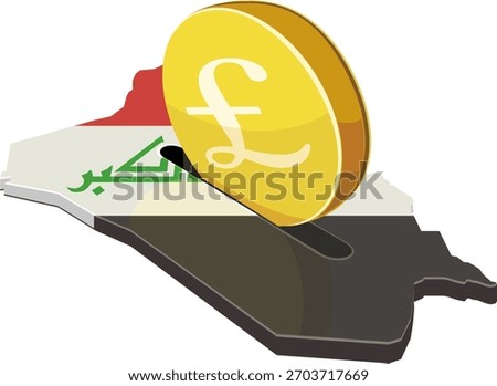 A pound coin being inserted into a slot on the Iraq map (flag colors). Concept for foreign investment, finance, or economic aid. (cut out)