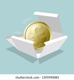 The pound coin is in the box. Isolated on blue background.