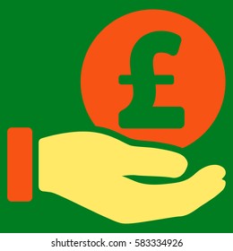 Pound Coin Payment Hand vector pictogram. Illustration style is a flat iconic bicolor orange and yellow symbol on green background.