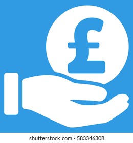 Pound Coin Payment Hand vector pictograph. Illustration style is a flat iconic white symbol on blue background.