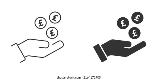 Pound Coin Payment icon. Pound coins falling in hand. Flat vector illustration.