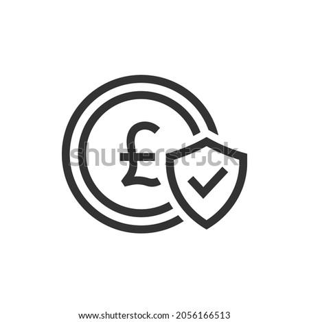 Pound coin with shield and checkmark. Money protection icon concept isolated on white background. Vector illustration