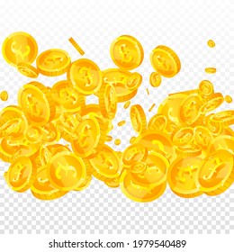  pound coins falling. Enchanting scattered GBP coins. United Kingdom money. Rare jackpot, wealth or success concept. Vector illustration.