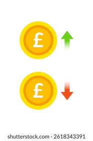 Pound coins with moving up and down arrows. Increase and low of revenue. Economy crisis or economy growth. Icon of exchange of currency. Vector stock illustration