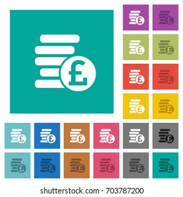Pound coins multi colored flat icons on plain square backgrounds. Included white and darker icon variations for hover or active effects.