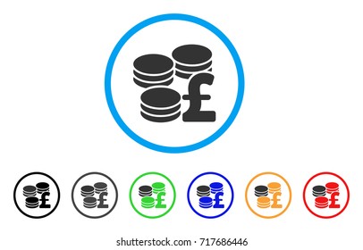 Pound Coins rounded icon. Style is a flat pound coins gray symbol inside light blue circle with black, gray, green, blue, red, orange versions. Vector designed for web and software interfaces.
