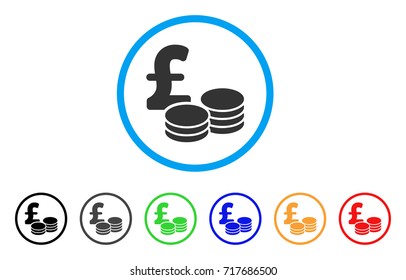 Pound Coins rounded icon. Style is a flat pound coins grey symbol inside light blue circle with black, gray, green, blue, red, orange color versions. Vector designed for web and software interfaces.