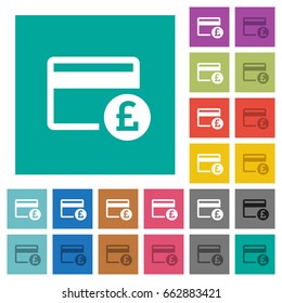 Pound credit card multi colored flat icons on plain square backgrounds. Included white and darker icon variations for hover or active effects.