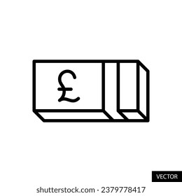 Pound currency bills stack, money, cash, banknotes vector icon in line style design for website, app, UI, isolated on white background. Editable stroke. EPS 10 vector illustration.