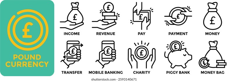Pound currency icon collection set.Containing income, revenue, pay, payment, money, transfer, mobile banking, charity, piggy bank and money bag icon.Simple line vector illustration.