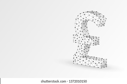 Pound currency sign, digital origami 3d illustration. Polygonal Vector British money symbol. Business, data cash, finance concept. Low poly wireframe, triangle, lines, dots, polygons. White background