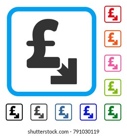 Pound Decrease icon. Flat gray iconic symbol inside a light blue rounded square. Black, gray, green, blue, red, orange color variants of Pound Decrease vector. Designed for web and software UI.