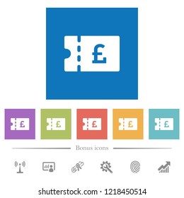 Pound discount coupon flat white icons in square backgrounds. 6 bonus icons included.