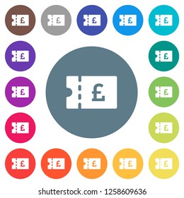 Pound discount coupon flat white icons on round color backgrounds. 17 background color variations are included.