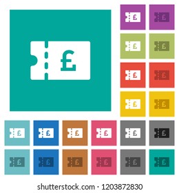 Pound discount coupon multi colored flat icons on plain square backgrounds. Included white and darker icon variations for hover or active effects.
