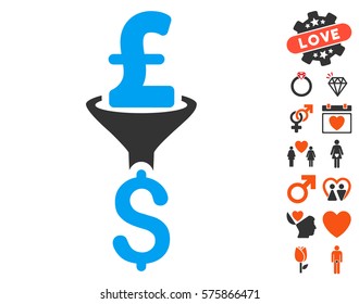 Pound Dollar Conversion Filter pictograph with bonus valentine icon set. Vector illustration style is flat iconic symbols for web design, app user interfaces.