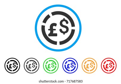 Pound And Dollar Currency Diagram rounded icon. Style is a flat pound and dollar currency diagram gray symbol inside light blue circle with black, gray, green, blue, red, orange color versions.