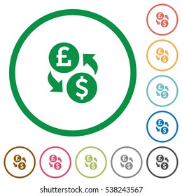 Pound Dollar exchange flat color icons in round outlines on white background