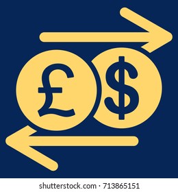 Pound Dollar Exchange vector icon. Flat yellow symbol. Pictogram is isolated on a blue background. Designed for web and software interfaces.
