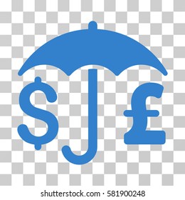 Pound And Dollar Financial Umbrella vector pictograph. Illustration style is a flat iconic cobalt symbol on a transparent background.