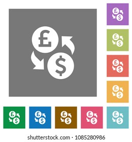 Pound Dollar money exchange flat icons on simple color square backgrounds