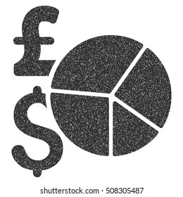 Pound and Dollar Pie Chart grainy textured icon for overlay watermark stamps. Flat symbol with dust texture. Dotted vector gray ink rubber seal stamp with grunge design on a white background.