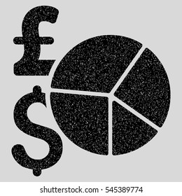 Pound and Dollar Pie Chart grainy textured icon for overlay watermark stamps. Flat symbol with unclean texture. Dotted vector black ink rubber seal stamp with grunge design on a light gray background.