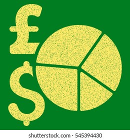 Pound and Dollar Pie Chart grainy textured icon for overlay watermark stamps. Flat symbol with dirty texture. Dotted vector yellow ink rubber seal stamp with grunge design on a green background.
