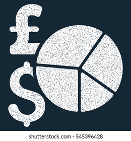 Pound and Dollar Pie Chart grainy textured icon for overlay watermark stamps. Flat symbol with unclean texture. Dotted vector white ink rubber seal stamp with grunge design on a dark blue background.