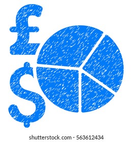 Pound And Dollar Pie Chart grainy textured icon for overlay watermark stamps. Flat symbol with unclean texture. Dotted vector blue ink rubber seal stamp with grunge design on a white background.