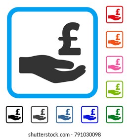 Pound Donation Hand icon. Flat gray iconic symbol inside a light blue rounded square. Black, gray, green, blue, red, orange color variants of Pound Donation Hand vector.