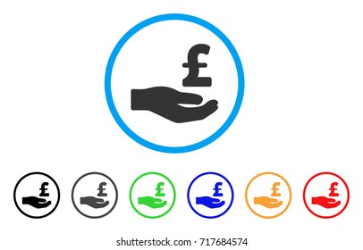 Pound Donation Hand rounded icon. Style is a flat pound donation hand gray symbol inside light blue circle with black, gray, green, blue, red, orange color versions.