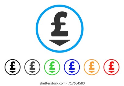 Pound Down rounded icon. Style is a flat pound down grey symbol inside light blue circle with black, gray, green, blue, red, orange color versions. Vector designed for web and software interfaces.