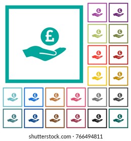 Pound earnings flat color icons with quadrant frames on white background