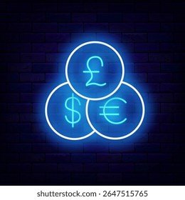 Pound, euro and dollar coins neon icon. Great Britain, USA and Europe money. Vector stock illustration