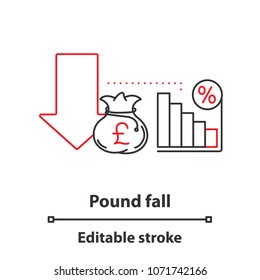 Pound fall concept icon. Profit decline idea thin line illustration. Financial crisis. Vector isolated outline drawing. Editable stroke
