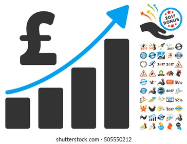 Pound Financial Bar Chart icon with bonus 2017 new year icon set. Vector illustration style is flat iconic symbols,modern colors.