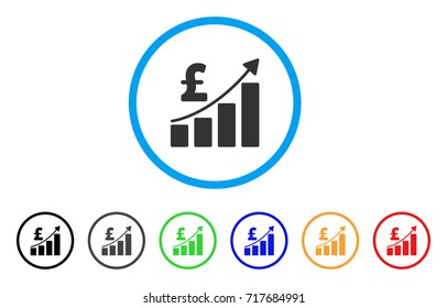 Pound Financial Bar Chart rounded icon. Style is a flat pound financial bar chart grey symbol inside light blue circle with black, gray, green, blue, red, orange color versions.