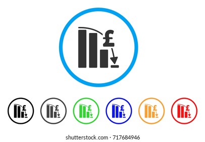 Pound Financial Epic Fail rounded icon. Style is a flat pound financial epic fail gray symbol inside light blue circle with black, gray, green, blue, red, orange color versions.