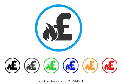 Pound Financial Fire rounded icon. Style is a flat pound financial fire gray symbol inside light blue circle with black, gray, green, blue, red, orange color versions.
