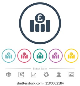 Pound financial graph flat color icons in round outlines. 6 bonus icons included.