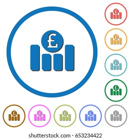 Pound financial graph flat color vector icons with shadows in round outlines on white background