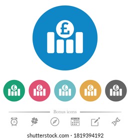 Pound financial graph flat white icons on round color backgrounds. 6 bonus icons included.