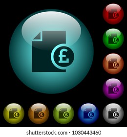 Pound financial report icons in color illuminated spherical glass buttons on black background. Can be used to black or dark templates