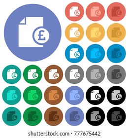 Pound financial report multi colored flat icons on round backgrounds. Included white, light and dark icon variations for hover and active status effects, and bonus shades on black backgounds.